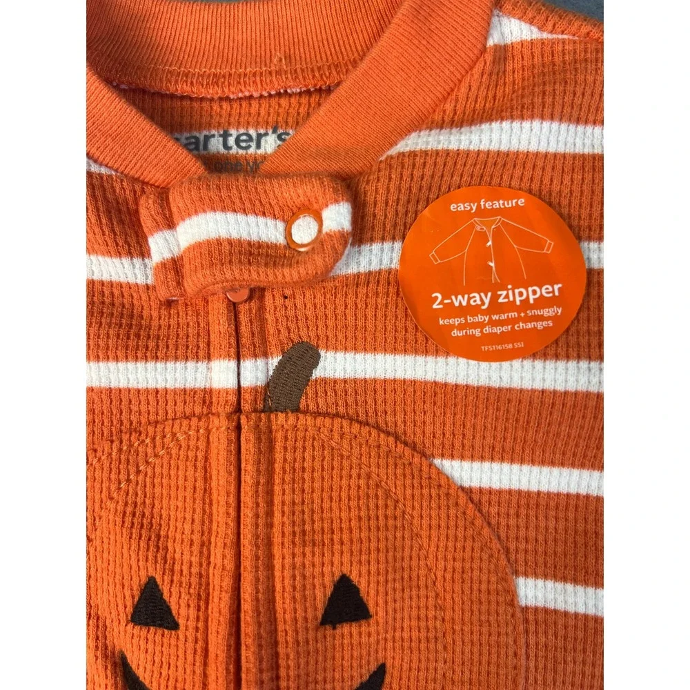 Carter's‎ Halloween Pumpkin Striped Thermal Footed Sleeper Pajamas Baby 3M NWT